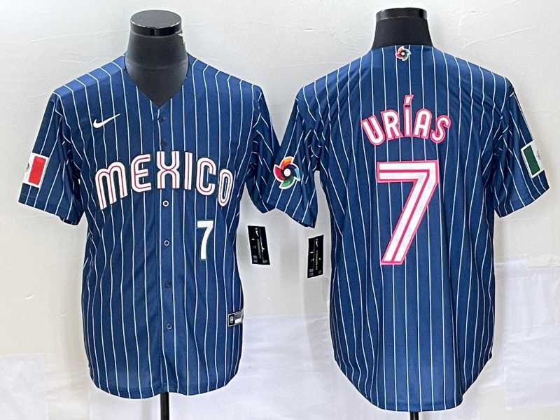 Men%27s Mexico Baseball #7 Julio Urias Number Navy Blue Pinstripe 2020 World Series Cool Base Nike Jersey4